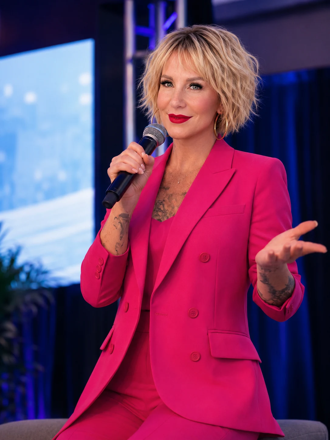 Kelly Murray on stage with a microphone